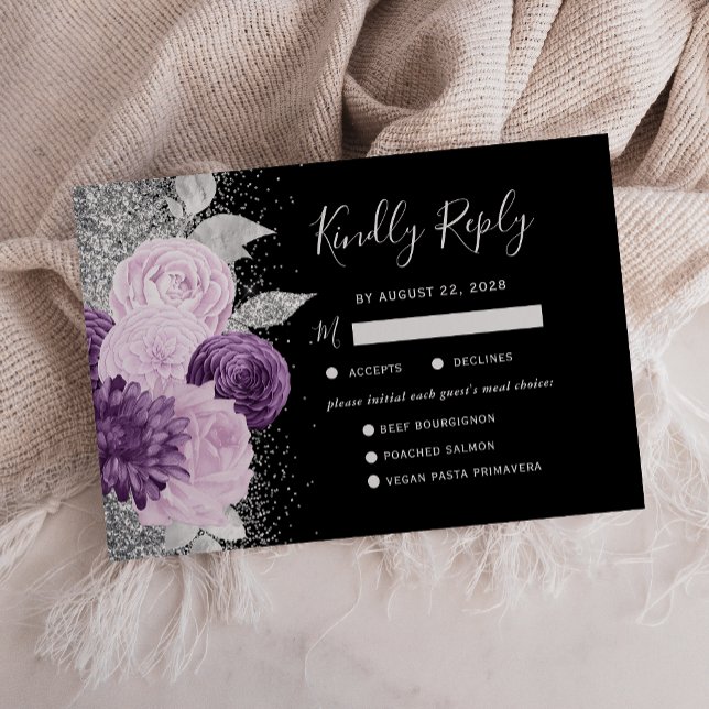 Floral Purple Silver Meal Choice Black Wedding RSVP Card (An elegant purple, silver and black floral RSVP card with menu choices for your guests.)