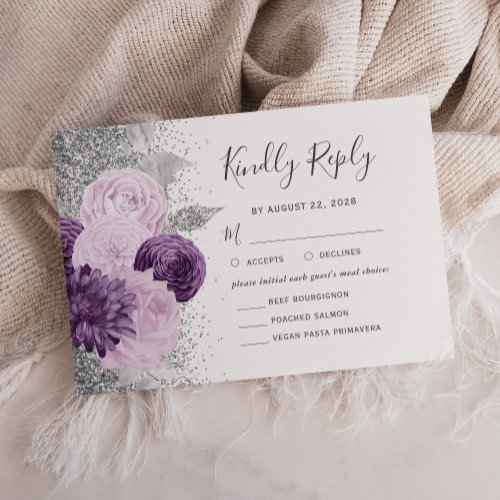 Floral Purple Silver Meal Choice Wedding RSVP Card