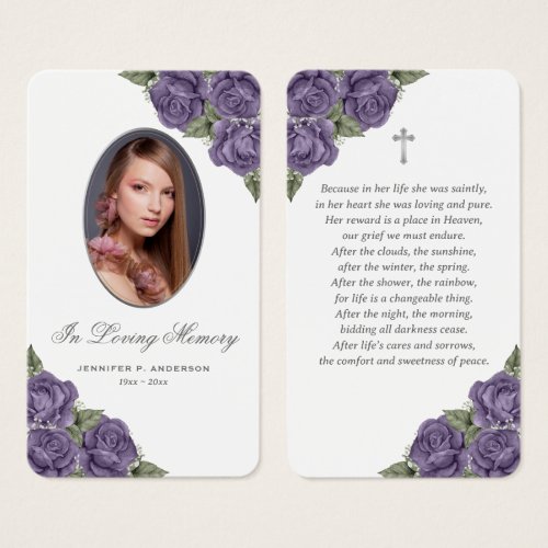 Floral Purple Silver Memorial Funeral Prayer Card