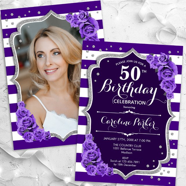 Floral Purple Silver Photo 50th Birthday Invitation (Creator Uploaded)