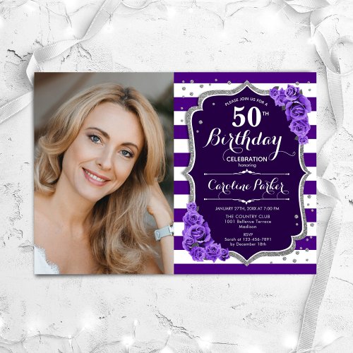 Floral Purple Silver Photo 50th Birthday Invitation