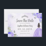 Floral Purple Silver Princess Birthday Quinceanera Save The Date<br><div class="desc">Floral Light Purple Violet Silver Gray Princess Gown Dress Glitter Sparkle Tiara Crown Butterfly 15th Birthday Quinceanera Save the Date</div>
