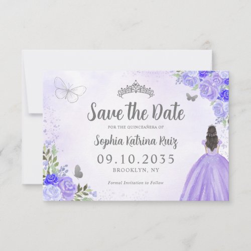 Floral Purple Silver Princess Birthday Quinceanera Save The Date