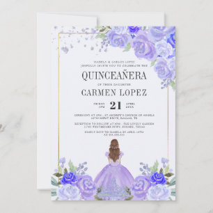 Floral Purple & Silver Princess Tiara Quinceañera Invitation