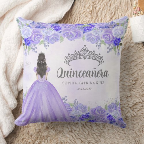 Floral Purple Silver Princess Tiara Quinceanera Throw Pillow