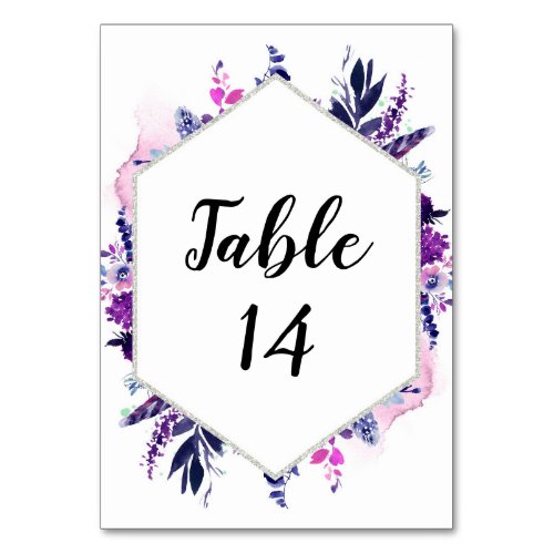 Floral Purple  Silver Wedding Reception Seating Table Number