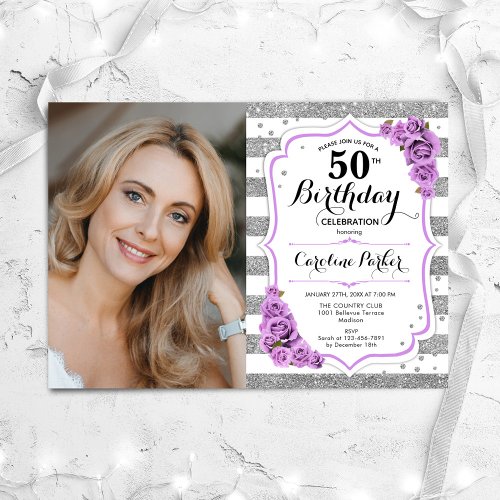 Floral Purple Silver White Photo 50th Birthday Invitation