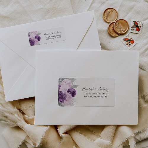 Floral Purple Silver White Wedding Return Address Label