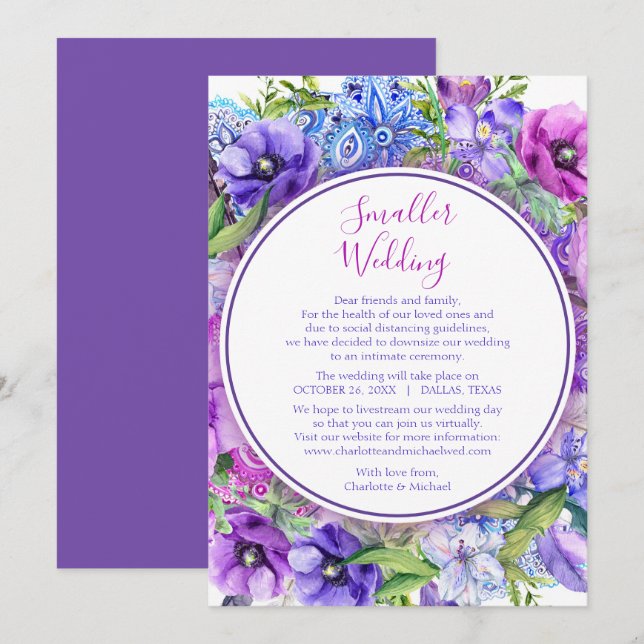Floral Purple Smaller Wedding Change of Plan Holiday Card (Front/Back)