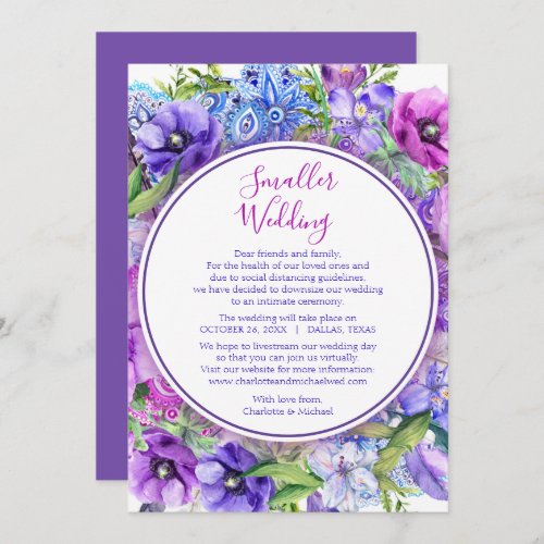 Floral Purple Smaller Wedding Change of Plan Holiday Card