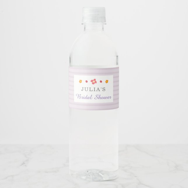 Floral Purple Stripes Bridal Shower Water Bottle Label (Front)