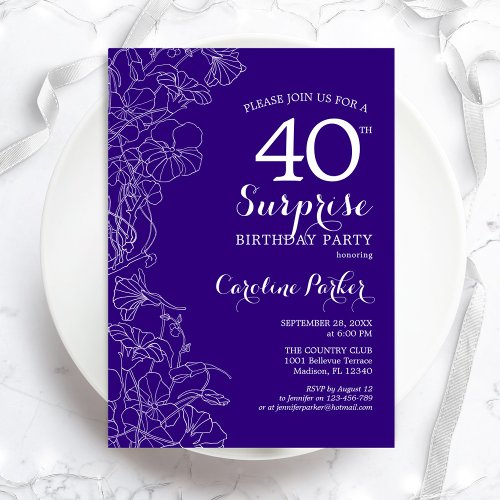 Floral Purple Surprise 40th Birthday Party Invitation