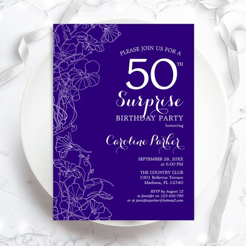 Floral Purple Surprise 50th Birthday Party Invitation