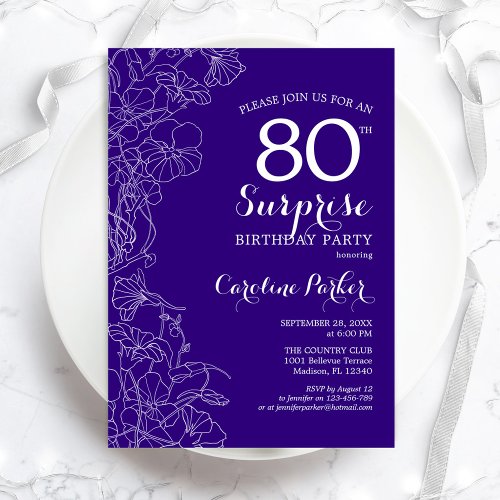 Floral Purple Surprise 80th Birthday Party Invitation