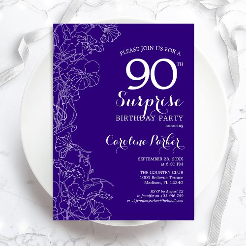 Floral Purple Surprise 90th Birthday Party Invitation