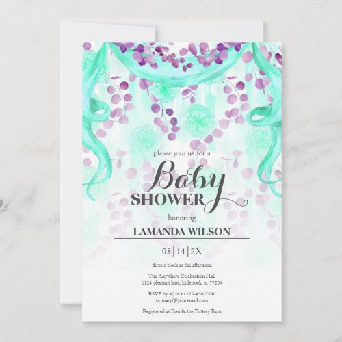 Floral Purple  Teal Banner Baby Shower Invitation