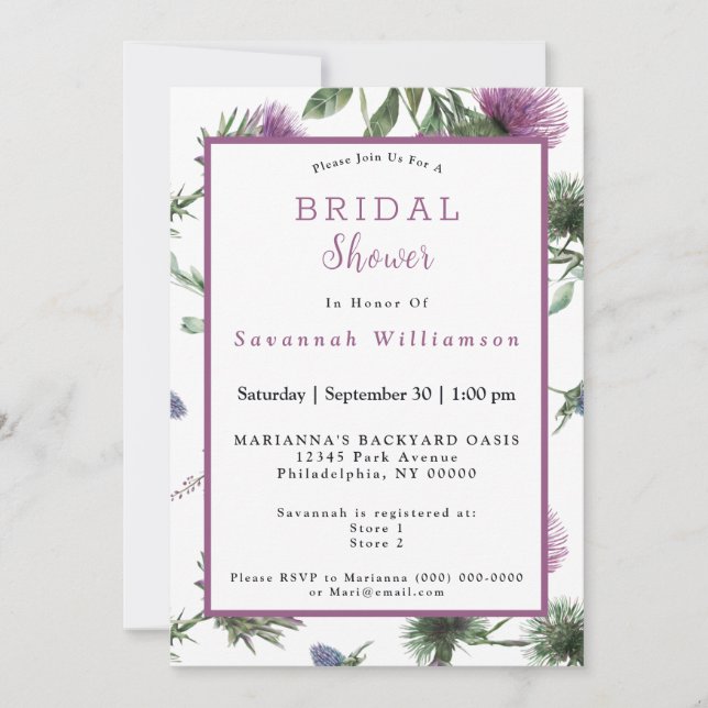 Floral Purple Thistle Watercolor Bridal Shower  Invitation (Front)