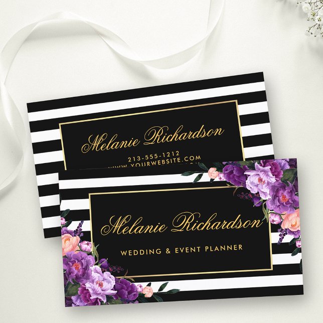 Floral Purple Ultra Violet Gold Striped Black Business Card (Customize to change text size, color or text style.)