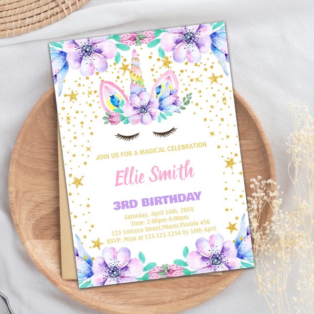 Floral Purple Unicorn Birthday Invitations (Floral Purple Unicorn Birthday Invitations)
