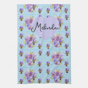 Floral Purple Viola Blue Lilac Pansy Womans Name Kitchen Towel
