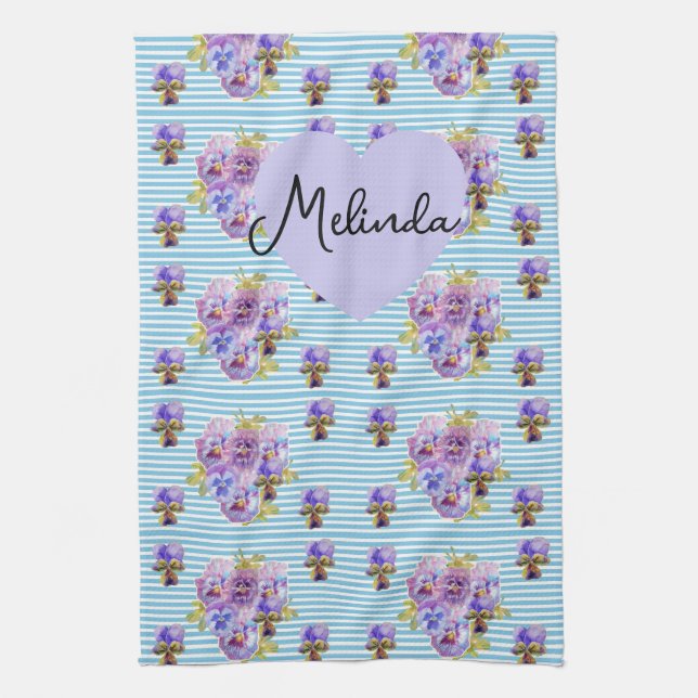 Floral Purple Viola Blue Lilac Pansy Womans Name Kitchen Towel (Vertical)