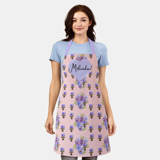 Floral Purple Viola Pastel Pink Pansy Womans Name Apron (Worn)
