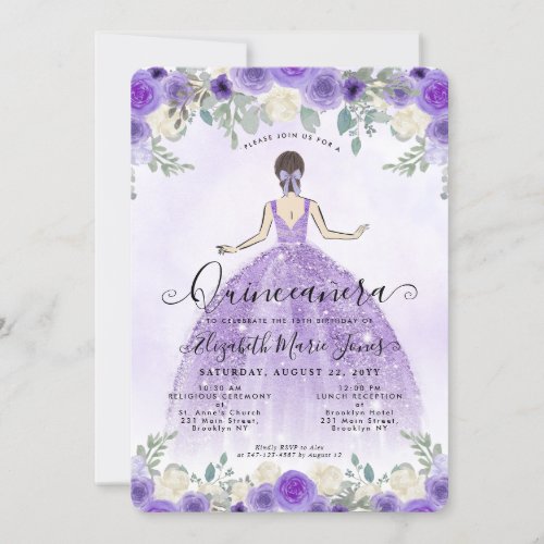 Floral Purple Violet Princess Birthday Quinceanera Invitation