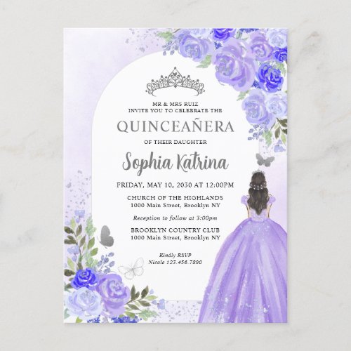 Floral Purple Violet Princess Birthday Quinceanera Invitation Postcard