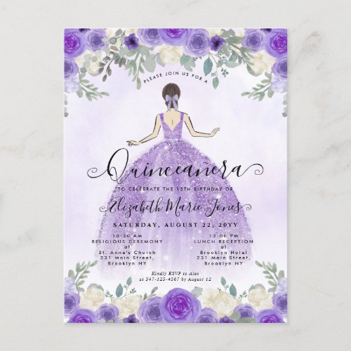 Floral Purple Violet Princess Birthday Quinceanera Postcard