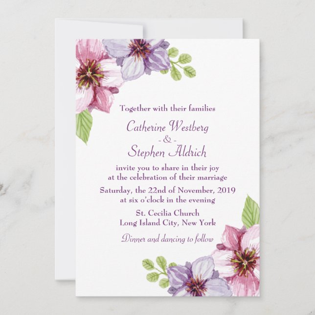 Floral Purple Watercolor Flower Wedding Invitation (Front)