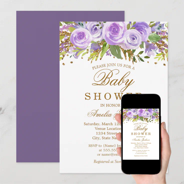 Floral Purple Watercolor Gold Baby Shower Invitation | Zazzle