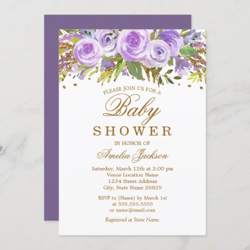 Floral Purple Watercolor Gold Baby Shower Invitation