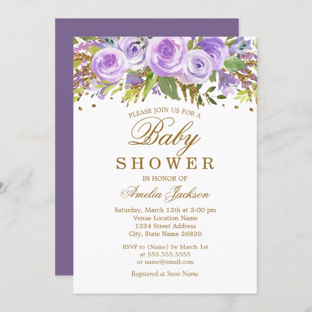 Floral Purple Watercolor Gold Baby Shower Invitation (Front/Back)