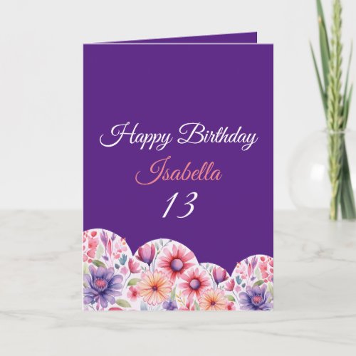 Floral Purple Watercolor Heart 13th Birthday Card