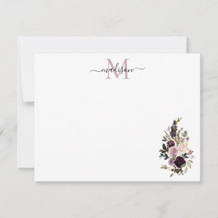 Floral Purple Watercolor Rose Bouquet Monogram Note Card