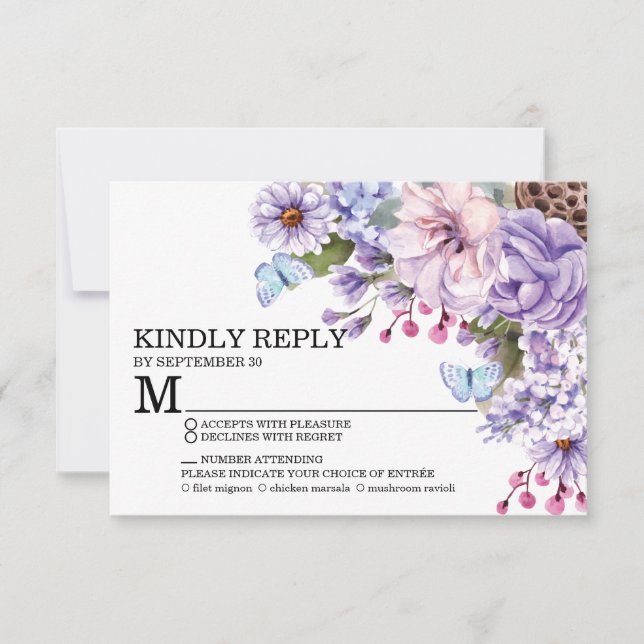 Floral Purple Watercolor Wedding Meal Choice RSVP (Front)
