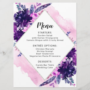 Floral Purple Watercolor Wedding Reception Dinner Menu