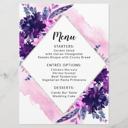 Floral Purple Watercolor Wedding Reception Dinner Menu