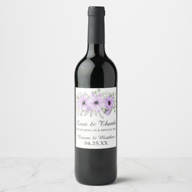 Floral Purple Wedding Favors Wine Label (Front)