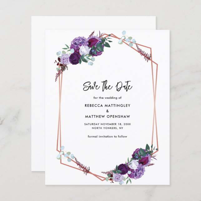 Floral Purple Wedding Save the Date Announcement (Front/Back)