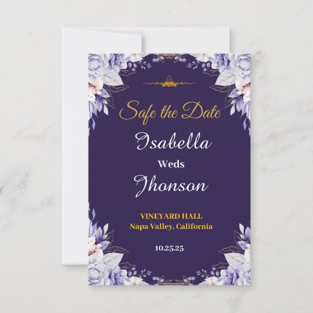 Floral Purple Wedding Save The Date RSVP Card (Front)
