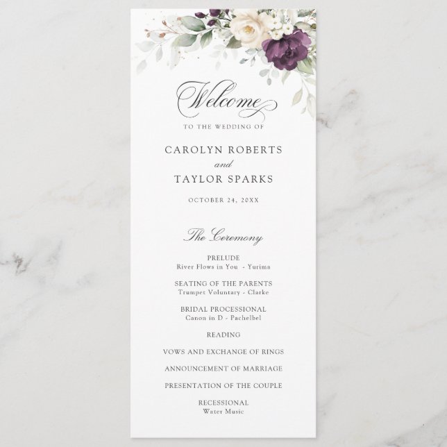 Floral Purple White Greenery Gold Wedding Program (Front)