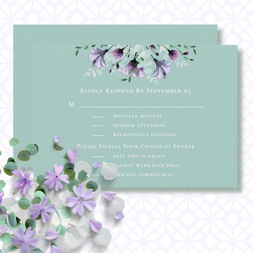 Floral Purple White Menu Choice Wedding RSVP 