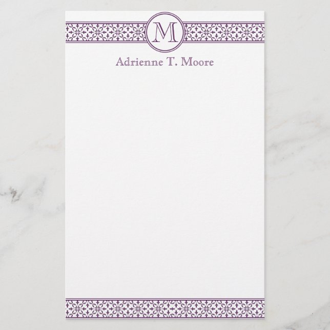 Floral Purple White Monogram Initial Stationery (Front)
