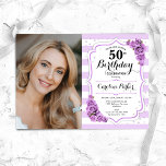 Floral Purple White Photo 50th Birthday Invitation<br><div class="desc">Elegant floral feminine 50th birthday invitation with your photo. Glam, white and lavender purple design with stripes, light lilac roses, script font and confetti. Perfect for a stylish adult bday celebration party. Personalise with your own details. Can be customised for any age! Printed Zazzle invitations or instant download digital printable...</div>