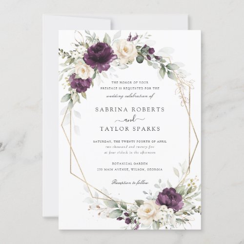 Floral Purple White Plum Greenery Gold Wedding Invitation