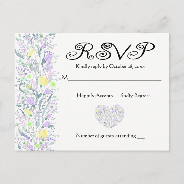 Floral Purple & Yellow RSVP Wedding Flowers Invitation Postcard (Front)