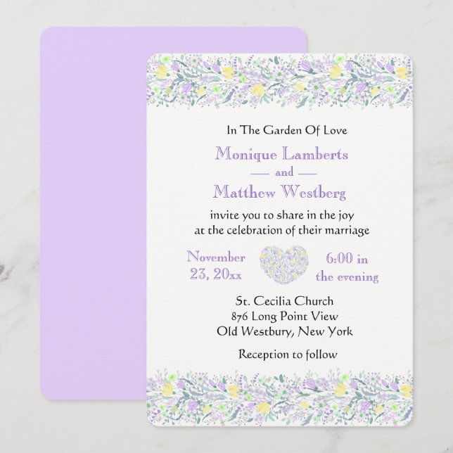 Floral Purple & Yellow Wedding Flowers & Hearts Invitation (Front/Back)