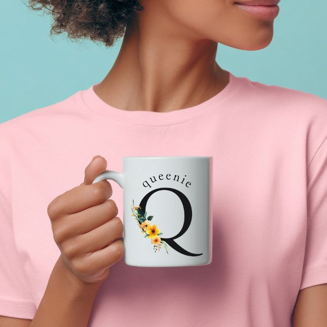 Floral Q Monogram Mug with Editable Name (Floral Q Monogram Mug with Editable Name. Yellow, Orange & Greenery Watercolor Flowers.)