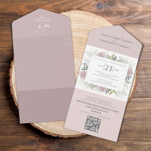 Floral QR Code Elegant RSVP Online Blush Pink All In One Invitation (Elegant Wedding Invitation All in One style with a QR code and pink blush floral template. )